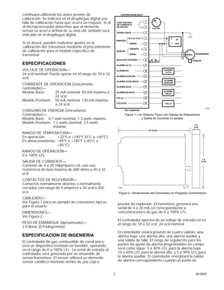 3
continuará utilizando los datos previos de
calibración. Se indicará en el despliegue digital una
falla de calibración hasta que ocurra un reajuste. Si el
el microprocesador determina que el elemento
sensor se acerca al final de su vida útil, también será
indicado en el despliegue digital.
Si se desea, pueden realizarse ajustes en la
calibración del transmisor mediante el procedimiento
de calibración para el modelo específico de
transmisor.
ESPECIFICACIONES
VOLTAJE DE OPERACION—
24 vcd nominal. Puede operar en el rango de 18 a 32
vcd.
CORRIENTE DE OPERACION (Unicamente
controlador)—
Modelo Base: 25 mA nominal, 50 mA máximo a
24 vcd.
Modelo Premium: 50 mA nominal, 130 mA máximo
a 24 vcd.
CONSUMO DE ENERGIA (Unicamente
Controlador)—
Modelo Base: 0.7 watt nominal, 1.3 watts máximo.
Modelo Premium: 1.2 watts nominal, 3.5 watts
máximo.
RANGO DE TEMPERATURA—
En operación: +32°F a +140°F (0°C a +60°C).
En almacenamiento: –49°F a +185°F (–45°C a
+85°C).
RANGO DE OPERACION—
0 a 100% LFL
SALIDA DE CORRIENTE—
Corriente de 4 a 20 miliamperes cd, con una
resistencia de lazo máxima de 600 ohms a 20 a 32
vcd.
CONTACTOS DE RELEVADOR—
Contactos normalmente abiertos o normalmente
cerrados con rango de 5 amperes a 30 vcd o 250
vca.
CABLEADO—
Ver Figura 1 para un ejemplo de conexiones típicas
para el usuario.
DIMENSIONES—
Ver Figura 2.
PESO DE EMBARQUE (Aproximado)—
2.0 libras (0.9 kilogramos).
ESPECIFICACION DE INGENIERIA
El controlador de gas combustible de canal único
será un dispositivo montado en bastidor, operando
en el rango de 0 a 100% LFL. La señal de entrada al
controlador será generada por un ensamble de
sensor/transmisor. El sensor utilizará un elemento
sensor catalítico montado dentro de una caja a
LAZO AISLADO
DE CORRIENTE
DE SALIDA
TIERRA FÍSICA
ENERGÍA
SENSOR
REAJUSTE EXTERNO
ALARMA ALTA
ALARMA/OC
ALARMA AUXILIAR
ALARMA AUXILIAR/OC
ALARMA BAJA
ALARMA BAJA/OC
FALLA
FALLA/OC
1
3
4
5
6
7
8
9
10
11
12
13
14
15
16
–
+
+
–
+
–
18 A 32 VCD
TIERRA
ENERGÍA
SEÑAL
ALARMA
ALTA
ALARMA
AUXILIAR
ALARMA
BAJA
FALLA
REAJUSTE
24
VCD
+
–
+
–
SEÑAL TRANSMISOR
SENSOR
2 4-20 MA
B1382
CONTROLADOR R8471
*
*
*NO CONEXIÓN
➛
➛ 9.3 (23.6)
1.0
(2.5)
7.0
(17.8)
➛
➛
➛
➛
A1383
90-5045
Figura 2—Dimensiones del Controlador en Pulgadas (Centímetros)
Figura 1—Un Sistema Típico con Salidas de Relevadores
y Salida de Corriente no aislada
prueba de explosión. El transmisor generará una
señal de 4 a 20 mA cd correspondiente a
concentraciones de gas de 0 a 100% LFL.
El controlador operará de un voltaje de entrada cd en
el rango de 18 a 32 vcd, 24 vcd nominal.
El controlador estará provisto de cuatro salidas: una
alarma baja, una alarma alta, una alarma auxiliar y
una salida de falla. El rango de regulación para los
puntos de ajuste de alarma programables en campo
será como sigue: 5 a 40% LFL para la alarma baja,
10 a 60% LFL para la alarma alta, y 5 a 99% LFL para
la alarma auxiliar. El controlador energizará la salida
de alarma correspondiente cuando un punto de
 