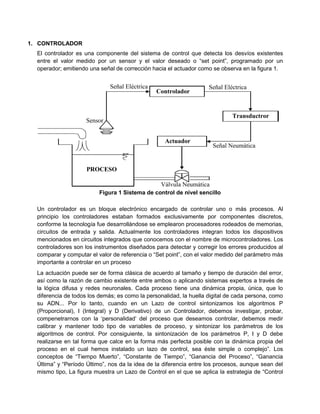 1. CONTROLADOR
El controlador es una componente del sistema de control que detecta los desvíos existentes
entre el valor medido por un sensor y el valor deseado o “set point”, programado por un
operador; emitiendo una señal de corrección hacia el actuador como se observa en la figura 1.
Figura 1 Sistema de control de nivel sencillo
Un controlador es un bloque electrónico encargado de controlar uno o más procesos. Al
principio los controladores estaban formados exclusivamente por componentes discretos,
conforme la tecnología fue desarrollándose se emplearon procesadores rodeados de memorias,
circuitos de entrada y salida. Actualmente los controladores integran todos los dispositivos
mencionados en circuitos integrados que conocemos con el nombre de microcontroladores. Los
controladores son los instrumentos diseñados para detectar y corregir los errores producidos al
comparar y computar el valor de referencia o “Set point”, con el valor medido del parámetro más
importante a controlar en un proceso
La actuación puede ser de forma clásica de acuerdo al tamaño y tiempo de duración del error,
así como la razón de cambio existente entre ambos o aplicando sistemas expertos a través de
la lógica difusa y redes neuronales. Cada proceso tiene una dinámica propia, única, que lo
diferencia de todos los demás; es como la personalidad, la huella digital de cada persona, como
su ADN... Por lo tanto, cuando en un Lazo de control sintonizamos los algoritmos P
(Proporcional), I (Integral) y D (Derivativo) de un Controlador, debemos investigar, probar,
compenetrarnos con la „personalidad‟ del proceso que deseamos controlar, debemos medir
calibrar y mantener todo tipo de variables de proceso, y sintonizar los parámetros de los
algoritmos de control. Por consiguiente, la sintonización de los parámetros P, I y D debe
realizarse en tal forma que calce en la forma más perfecta posible con la dinámica propia del
proceso en el cual hemos instalado un lazo de control, sea éste simple o complejo”. Los
conceptos de “Tiempo Muerto”, “Constante de Tiempo”, “Ganancia del Proceso”, “Ganancia
Última” y “Período Último”, nos da la idea de la diferencia entre los procesos, aunque sean del
mismo tipo, La figura muestra un Lazo de Control en el que se aplica la estrategia de “Control
Sensor
Señal Eléctrica
Controlador
Señal Eléctrica
Actuador
Transductror
Señal Neumática
Válvula Neumática
PROCESO
 
