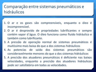 Comparação entre sistemas pneumáticos e 
hidráulicos 
1. O ar e os gases são compreensíveis, enquanto o óleo é 
incompreensível. 
2. O ar é desprovido de propriedades lubrificantes e sempre 
contém vapor d`água. O óleo funciona como fluido hidráulico e 
também como lubrificante. 
3. A pressão de operação normal de sistemas pneumáticos é 
muitíssimo mais baixa do que a dos sistemas hidráulicos 
4. As potencias de saída dos sistemas pneumáticos são 
consideravelmente menores do que a dos sistemas hidráulicos 
5. A precisão dos atuadores pneumáticos é deficiente nas baixas 
velocidades, enquanto a precisão dos atuadores hidráulicos 
pode ser satisfatória em todas as velocidades. 
 