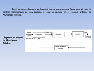 En el siguiente diagrama de bloques que se presenta una figura para el caso de
control realimentado de lazo cerrado, el cual se cumple en el ejemplo anterior de
Alumbrado Publico.
Diagrama en Bloques
de Alumbrado
Público:
 