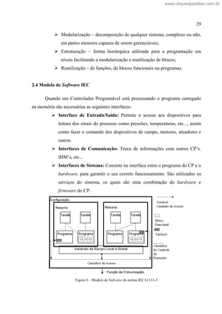 29
Modularização decomposição de qualquer sistema, complexo ou não,
em partes menores capazes de serem gerenciáveis;
Estruturação forma hierárquica utilizada para a programação em
níveis facilitando a modularização e reutilização de blocos;
Reutilização de funções, de blocos funcionais ou programas.
2.4 Modelo de Software IEC
Quando um Controlador Programável está processando o programa carregado
na memória são necessárias as seguintes interfaces:
Interface de Entrada/Saída: Permite o acesso aos dispositivos para
leitura dos sinais do processo como pressões, temperaturas, etc..., assim
como fazer o comando dos dispositivos de campo, motores, atuadores e
outros.
Interfaces de Comunicação: Troca de informações com outros CP s.
IHM s, etc...
Interfaces de Sistema: Consiste na interface entre o programa do CP e o
hardware, para garantir o seu correto funcionamento. São utilizados os
serviços do sistema, os quais são uma combinação do hardware e
firmware do CP.
Figura 9 Modelo de Software da norma IEC 61131-3
www.cliqueapostilas.com.br
 