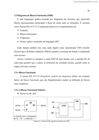 46
3.3 Diagrama de Blocos Funcionais (FDB)
É uma linguagem gráfica baseada nos diagramas de circuitos, que representa
blocos interconectados destacando o fluxo de sinais entre os elementos. É coerente
com a Norma IEC 617-12. É usada para descrever o comportamento de:
Funções;
Blocos Funcionais;
Programas;
Passos, ações e transições da linguagem SFC.
Cada função também tem uma saída digital extra, denominada ENO (Enable
Output) que é definida verdadeira (TRUE) quando a execução da função é completada
com sucesso.
Assim é comum se encadear a saída ENO de uma função com a entrada EN da
outra para garantir que a cadeia só produzirá um resultado correto, quando todas as
etapas estiverem corretas.
3.3.1 Blocos Funcionais
A norma IEC 617-12 (Graphical symbols for diagrams) define um conjunto
básico de blocos funcionais que são freqüentemente usados na definição de blocos
mais complexos.
3.3.1.1 Blocos Funcionais Padrões
Biestáveis SR e RS;
Figura 18 - Biestável SR (algoritmo interno em FBD).
SR
S1 Q1
R
BOOL BOOL
BOOL
OR
AND
R
Q1
S1
Q1
A entrada Set é a dominante.
Se S1 = R = 1 então Q1= 1
www.cliqueapostilas.com.br
 