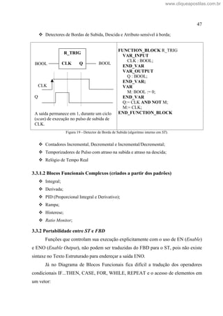 47
Detectores de Bordas de Subida, Descida e Atributo sensível à borda;
FUNCTION_BLOCK R_TRIG
VAR_INPUT
CLK : BOOL;
END_VAR
VAR_OUTPUT
Q : BOOL;
END_VAR;
VAR
M: BOOL := 0;
END_VAR
Q:= CLK AND NOT M;
M:= CLK;
END_FUNCTION_BLOCK
Figura 19 - Detector de Borda de Subida (algoritmo interno em ST).
Contadores Incremental, Decremental e Incremental/Decremental;
Temporizadores de Pulso com atraso na subida e atraso na descida;
Relógio de Tempo Real
3.3.1.2 Blocos Funcionais Complexos (criados a partir dos padrões)
Integral;
Derivada;
PID (Proporcional Integral e Derivativo);
Rampa;
Histerese;
Ratio Monitor;
3.3.2 Portabilidade entre ST e FBD
Funções que controlam sua execução explicitamente com o uso de EN (Enable)
e ENO (Enable Output), não podem ser traduzidas do FBD para o ST, pois não existe
sintaxe no Texto Estruturado para endereçar a saída ENO.
Já no Diagrama de Blocos Funcionais fica difícil a tradução dos operadores
condicionais IF...THEN, CASE, FOR, WHILE, REPEAT e o acesso de elementos em
um vetor:
R_TRIG
CLK Q
BOOL BOOL
CLK
Q
A saída permanece em 1, durante um ciclo
(scan) de execução no pulso de subida de
CLK.
www.cliqueapostilas.com.br
 