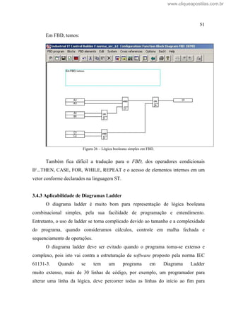 51
Em FBD, temos:
Figura 26 Lógica booleana simples em FBD.
Também fica difícil a tradução para o FBD, dos operadores condicionais
IF...THEN, CASE, FOR, WHILE, REPEAT e o acesso de elementos internos em um
vetor conforme declarados na linguagem ST.
3.4.3 Aplicabilidade de Diagramas Ladder
O diagrama ladder é muito bom para representação de lógica booleana
combinacional simples, pela sua facilidade de programação e entendimento.
Entretanto, o uso de ladder se torna complicado devido ao tamanho e a complexidade
do programa, quando consideramos cálculos, controle em malha fechada e
sequenciamento de operações.
O diagrama ladder deve ser evitado quando o programa torna-se extenso e
complexo, pois isto vai contra a estruturação de software proposto pela norma IEC
61131-3. Quando se tem um programa em Diagrama Ladder
muito extenso, mais de 30 linhas de código, por exemplo, um programador para
alterar uma linha da lógica, deve percorrer todas as linhas do início ao fim para
www.cliqueapostilas.com.br
 