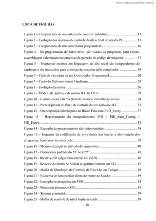iii
LISTA DE FIGURAS
Figura 1 Componentes de um sistema de controle industrial .................................. 13
Figura 2 Evolução dos sistemas de controle desde o final do século 19 ................. 15
Figura 3 Componentes de um controlador programável.......................................... 16
Figura 4 Na programação de baixo nível, são usados os programas para edição,
assemblagem e depuração no processo de geração do código de máquina................ 17
Figura 5 Programas escritos em linguagem de alto nível são independentes do
hardware e são traduzidos para o código de máquina pelo compilador. .................... 19
Figura 6 Ciclo de varredura de um Controlador Programável................................. 20
Figura 7 Custo do Software versus Hardware.......................................................... 23
Figura 8 Evolução da norma.................................................................................... 26
Figura 9 Modelo de Software da norma IEC 61131-3............................................. 29
Figura 10 Comunicação externa (remota) usando caminho de acesso .................... 34
Figura 11 Partida/parada do fluxo de controle de um Software IEC....................... 35
Figura 12 Decomposição hierárquica do Bloco Funcional PID_Fuzzy. ................. 37
Figura 13 Representação do encapsulamento PID > PID_Auto_Tuning >
PID_Fuzzy................................................................................................................... 38
Figura 14 Exemplo de processamento não-determinístico...................................... 39
Figura 15 Esquema da codificação de prioridades das tarefas e distribuição dos
programas, bem como sua execução........................................................................... 39
Figura 16 Mesmo exemplo no método determinístico. ........................................... 40
Figura 17 Operadores padrões do ST no CBF. ....................................................... 45
Figura 18 - Biestável SR (algoritmo interno em FBD)............................................... 46
Figura 19 - Detector de Borda de Subida (algoritmo interno em ST)......................... 47
Figura 20 Malha de Simulação de Controle de Nível de um Tanque...................... 48
Figura 21 Esquema de uma partida direta de motor no Ladder............................... 49
Figura 22 Exemplo de programa em FBD............................................................... 54
Figura 23 Principais elementos SFC........................................................................ 58
Figura 24 Sistema construído................................................................................... 59
Figura 25 Malha de controle de nível implementada............................................... 59
www.cliqueapostilas.com.br
 