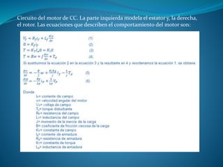 Circuito del motor de CC. La parte izquierda modela el estator y, la derecha,
el rotor. Las ecuaciones que describen el comportamiento del motor son:
 