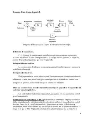 Esquema de un sistema de control.

Diagrama de bloques de un sistema de retroalimentación simple.

Definición de controlador.
Es el elemento de un sistema de control que según un conjunto de reglas realiza
acciones Recibiendo la señal correspondiente a la variable medida y calcula la acción de
control de acuerdo al algoritmo que tiene programado.
Compensación de adelanto.
La compensación de adelanto produce una aceleración de la respuesta y aumenta la
estabilidad del sistema.
Compensación de atraso.
Un compensador en atraso puede mejorar el comportamiento en estado estacionario,
reduciendo el error; Este puede hacer que disminuya el ancho de banda del sistema o los
márgenes de ganancia, ocasionando así que un sistema sea más lento.
Tipos de controladores, modelo matemático,acciones de control en la respuesta del
sistema y ejemplos prácticos.
Los controladores industriales se clasifican, de acuerdo con sus acciones de control
y son los siguientes:
Controles de dos posiciones (ON-OFF):Es la acción de control más simple y económico
de las empleadas en los lazos de regulación automática, también es conocido cómo control
de sí-no. La acción de control dos posiciones generalmente se basan en dispositivos
electrónicos, donde habitualmente hay una válvula accionada por un solenoide eléctrico. El
rango en el que se debe desplazar la señal de error actuante antes de que se produzca la
4

 