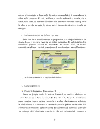 entrega el controlador se llama señal de control o manipulada y la entregada por la
salida, señal controlada. El error, o diferencia entre los valores de la entrada y de la
salida, actúa sobre los elementos de control en el sentido de reducirse a cero y llevar
la salida a su valor correcto. Se intenta que el sistema siga siempre a la señal de
consigna.

6. Modelo matemático que define a cada uno:
Dado que no es posible conocer las propiedades y el comportamiento de un
sistema físico, es necesario recurrir a un modelo matemático. El análisis del modelo
matemático permitirá conocer las propiedades del sistema físico. El modelo
matemático se obtiene a partir de un conjuntos de aproximaciones y simplificaciones.

7. Acciones de control en la respuesta del sistema:

8. Ejemplos prácticos:
Control de la dirección de un automóvil:
Como un ejemplo simple del sistema de control, se considera el sistema de
control de la dirección de un automóvil. La dirección de las dos ruedas delanteras se
puede visualizar como la variable controlada, o la salida y la dirección del volante es
la señal actuante, o la entrada u. el sistema de control o proceso en este caso, está
compuesta del mecanismo de la dirección y de la dinámica del automóvil completo.
Sin embargo, si el objetivo es controlar la velocidad del automóvil, entonces la

7

 