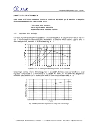 CONTROLADORES DE FRECUENCIA VARIABLE
4.2 METODOS DE REGULACION
Para poder alcanzar los diferentes puntos de operación requeridos por el sistema, se emplean
básicamente tres métodos para modular el fujo:
Compuertas en la descarga
Aletas regulables en la entrada
Accionamientos de velocidad variable
4.2.1 Compuertas en la descarga
Con este dispositivo la regulación se obtiene variando la apertura de las persianas', lo cual provoca
que se incremento la resistencia de] aire, afectándose la constante "k" del sistema y por lo tanto su
curva de operación, tal como se muestra en la Fig. 4.2.1.
Fig.4.2.1 Curvas del sistema para diferentes posiciones de las compuertas
Este arreglo permite obtener diferentes puntos de operación, destacándose que la reducción en el
flujo está acompañada de un incremento en la presión. Así mismo, los requerimientos de potencia
decrecen gradualmente con la disminución del flujo como se observa en la Fig. 4.2.2.
Fig. 4.2.2 Requerimientos de potencia con compuertas a la descarga
AUTOMATIZACIÓN, PRODUCTIVIDAD Y CALIDAD S.A DE C.V. 16 SUR 2122 Col. Bellavista Puebla, Pue (222) 243 5437 apc@mail.precitool.com.mx
 