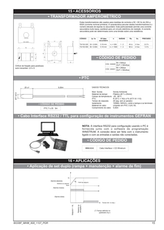 25 ±1
Ø
7
±0,5
5,50m
PTC 7 x 25 5m
• CÓDIGO DE PEDIDO
DADOS TÉCNICOS
Mod. Sonda: Sonda Ambiente
Material da tampa: Plástico (Ø 7 x 25mm)
Campo de temperatura: -20...80°C
PTC: R 25°C = 1KΩ ±1% (KTY 81-110)
Tempo de resposta: 20 seg. (em ar parado)
Isolamento: 100MΩ, 500Vd.c. entre a tampa e os terminais
Material do cabo: Unipolar em PVC (12/0,18)
Comprimento do cabo: 5,50m
• Cabo Interface RS232 / TTL para configuração de instrumentos GEFRAN
WSK-0-0-0 Cabo Interface + CD Winstrum
• CÓDIGO DE PEDIDO
• TRANSFORMADOR AMPEROMÉTRICO
15 • ACESSÓRIOS
• Aplicação de set duplo (rampa + manutenção + alarme de fim)
16 • APLICAÇÕES
50 / 0.05 A
152050 9640
1 2
1 2
5,5 27 5,5
9
20
19
48
8 8
38
1
1
3
20
2
In
4
4 30
10
10
Orifício de fixação para parafusos
auto-roscantes: 2,9 x 9
Estes transformadores são usados para medidas de corrente a 50 ÷ 60 Hz de 25A a
600A (corrente nominal primária). A característica peculiar destes transformadores é o
número elevado de espiras no secundário. Esta particularidade permite uma corrente
secundária muito baixa, aceitável para um circuito eletrônico de medição. A corrente
secundária pode ser determinada como uma tensão sobre uma resistência.
CÓDIGO Ip / Is Ø Cabo n SAÍDAS Ru Vu PRECISÃO
secundário
TA/152 025 25 / 0.05A 0.16 mm n1-2 = 500 1 - 2 40 Ω 2 Vca 2.0 %
TA/152 050 50 / 0.05A 0.18 mm n1-2 = 1000 1 - 2 80 Ω 4 Vca 1.0 %
IN = 25Aca
OUT = 50mAca
CÓD. 330200
IN = 50Aca
OUT = 50mAca
CÓD. 330201
• CÓDIGO DE PEDIDO
NOTA: A interface RS232 para configuração usando o PC é
fornecida junto com o software de programação
WINSTRUM. A conexão deve ser feita com o instrumento
ligado e com as entradas e saídas não conectadas.
• PTC
AL
Referido ao setpoint
atual
Perfil de setpoint
Setpoint
<
AL
Retardo
na
ativação
(*)
Alarme absoluto
Alarme inverso
(*) Tempo definido no
parâmetro Hy.n
Alarme direto
Tempo (min. ou seg.)
15
80336F_MHW_600_1107_POR
 