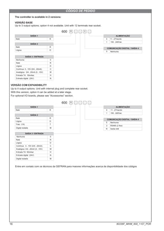 CÓDIGO DE PEDIDO
Relè R
600
SAÍDA 1
R
100...240Vac
11...27Vac/dc
1
0
0 Nenhuma
ALIMENTAÇÃO
COMUNICAÇÃO DIGITAL / SAÍDA 4
SAÍDA 2
Relè R
Lógica D
SAÍDA 3 / ENTRADA
Nenhuma 0
Relè R
Lógica D
Contínua 0...10V (0/4...20mA) C
Analógica 0/4...20mA (0...10V) W
Entrada TA 50mAac H
Entrada digital (24V) N
Entre em contato com os técnicos da GEFRAN para maiores informações acerca da disponibilidade dos códigos
- - 0 -
VERSÃO BASE
Up to 3 output options; option 4 not available. Unit with 12 terminals rear socket.
Relè R
600
SAÍDA 1
R
100...240Vac
11...27Vac/dc
1
0
2
E Nenhuma
RS485 (2 fios)
R Saída relé
ALIMENTAÇÃO
COMUNICAÇÃO DIGITAL / SAÍDA 4
SAÍDA 2
Relè R
Lógica D
Triac (1A) T
SAÍDA 3 / ENTRADA
Nenhuma 0
Relè R
Lógica D
Contínua 0...10V (0/4...20mA) C
Analógica 0/4...20mA (0...10V) W
Entrada TA 50mAac H
Entrada digital (24V) N
- - - -
VERSÃO COM EXPANDIBILITY
Up to 4 output options. Unit with internal plug and complete rear socket.
With this version, option 4 can be added at a later stage.
For optional I/O boards, please see “Accessories” section.
The controller is available in 2 versions:
Digital isolada M
Digital isolada M
16 80336F_MHW_600_1107_POR
 