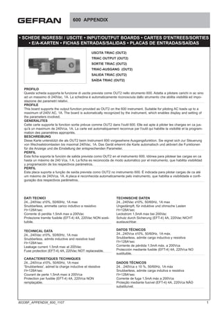 600 APPENDIX
DATI TECNICI
24...240Vac ±10%, 50/60Hz, 1A max
Snubberless, ammette carico induttivo e resistivo
I2
t=128A2
sec
Corrente di perdita 1.5mA max a 200Vac
Protezione tramite fusibile (EFT-4) 4A, 220Vac NON sosti-
tuibile.
TECHNICAL DATA
24...240Vac ±10%, 50/60Hz, 1A max
Snubberless, admits inductive and resistive load
I2
t=128A2
sec
Leakage current 1.5mA max at 200Vac
Fuse protection (EFT-4) 4A, 220Vac NOT replaceable.
CARACTERISTIQUES TECHNIQUES
24...240Vca ±10%, 50/60Hz, 1A maxi
'Snubberless', admet la charge inductive et résistive
I2
t=128A2
sec
Courant de perte 1,5mA maxi à 200Vca
Protection par fusible (EFT-4) 4A, 220Vca NON
remplaçable.
TECHNISCHE DATEN
24...240Vac ±10%, 50/60Hz, 1A max
Ungedämpft, für induktive und ohmsche Lasten
I2
t=128A2
sec
Leckstrom 1,5mA max bei 200Vac
Schutz durch Sicherung (EFT-4) 4A, 220Vac NICHT
austauschbar.
DATOS TÉCNICOS
24...240Vca ±10%, 50/60Hz, 1A máx.
Snubberless, admite carga inductiva y resistiva
I2
t=128A2
sec
Corriente de pérdida 1,5mA máx. a 200Vca
Protección mediante fusible (EFT-4) 4A, 220Vca NO
sustituible.
DADOS TÉCNICOS
24…240Vca ± 10 %, 50/60Hz, 1A máx
Snubberless, admite carga indutiva e resistiva
I2
t=128A2
sec
Corrente de fuga 1,5mA máx a 200Vca
Proteção mediante fusível (EFT-4) 4A, 220Vca NÃO
substituível.
USCITA TRIAC (OUT2)
TRIAC OUTPUT (OUT2)
SORTIE TRIAC (OUT2)
TRIAC-AUSGANG (OUT2)
SALIDA TRIAC (OUT2)
SAÍDA TRIAC (OUT2)
PROFILO
Questa scheda supporta la funzione di uscita prevista come OUT2 nello strumento 600. Adatta a pilotare carichi in ac sino
ad un massimo di 240Vac, 1A. La schedina è automaticamente riconosciuta dallo strumento che abilita visibilità ed impo-
stazione dei parametri relativi.
PROFILE
This board supports the output function provided as OUT2 on the 600 instrument. Suitable for piloting AC loads up to a
maximum of 240V AC, 1A. The board is automatically recognized by the instrument, which enables display and setting of
the parameters involved.
GENERALITES
Cette carte supporte la fonction sortie prévue comme OUT2 dans l'outil 600. Elle est apte à piloter les charges en ca jus-
qu'à un maximum de 240Vca, 1A. La carte est automatiquement reconnue par l'outil qui habilite la visibilité et la program-
mation des paramètres appropriés.
BESCHREIBUNG
Diese Karte unterstützt die als OUT2 beim Instrument 600 vorgesehene Ausgangsfunktion. Sie eignet sich zur Steuerung
von Wechselstromlasten bis maximal 240Vac, 1A. Das Gerät erkennt die Karte automatisch und aktiviert die Funktionen
für die Anzeige und die Einstellung der entsprechenden Parameter.
PERFIL
Esta ficha soporta la función de salida prevista como OUT2 en el instrumento 600. Idónea para pilotear las cargas en ca
hasta un máximo de 240 Vca, 1 A. La ficha es reconocida de modo automático por el instrumento, que habilita visibilidad
y programación de los respectivos parámetros.
PERFIL
Esta placa suporta a função de saída prevista como OUT2 no instrumento 600. É indicada para pilotar cargas de ca até
um máximo de 240Vca, 1A. A placa é reconhecida automaticamente pelo instrumento, que habilita a visibilidade e confi-
guração dos respectivos parâmetros.
• SCHEDE INGRESSI / USCITE • INPUT/OUTPUT BOARDS • CARTES D'ENTREES/SORTIES
• E/A-KARTEN • FICHAS ENTRADAS/SALIDAS • PLACAS DE ENTRADAS/SAÍDAS
1
80336F_APPENDIX_600_1107
 