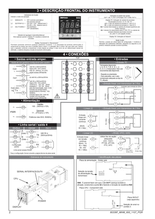 • Identificação das placas
Placa de alimentação - Solder side
Seleção da tensão
de alimentação do
transmissor
Seleção de sinal no
contato 3
Placa CPU - Component side
24V
15V
10V
5V
1,23V
PT100
+VT
R20
S2
OBS.: É possível fazer com que o relé OUT1 apareça excitado à
ativação, construindo a ponte S2 e fazendo a remoção da resistência R20
Placa IN/OUT
(veja appendix)
Padrão:
100 ...240Vca ± 10%
Opcional:
11 ...27Vca/cc ± 10%
Potência máx 8VA; 50/60Hz
4 • CONEXÕES
• Saídas entrada amper.
- relé 5A a 250Vca/30Vdc
- lógica 24V, 10V a 20mA
- triac 20...240Vca, 1A ±10%
- digital isolada 24Vac/dc
- só relé 5A a 250Vca/30Vdc
- relé 5A a 250Vca/30Vdc
- lógica 24V, 10V a 20mA
- contínua 0…10V, 0/4…20mA
- analógica 0…10V, 0/4…20mA
para uso transmissão, resol. 12 bit
- entrada de transformador
amperométrico 50mAac, 10Ω
50/60Hz
- entrada lógica 24V, 4mA de
contato livre de tensão
- digital isolada 24Vac/dc
6
5
4
3
2
1
7
8
9
10
11
12
18
17
16
15
14
13
19
20
21
22
23
24
-
+
Out2
Out1
• Alimentação
23
24
~
~
TOP
-
+
Out3 (Al2)
Ing. T.A.
!
PWR
3 • DESCRIÇÃO FRONTAL DO INSTRUMENTO
• Linha serial / saída 4
4...20mA
Conectar para entrada de 20mA
Utilize fios de seção
adequada
(mín. 1mm2
)
PT100, JPT100,
PTC, NTC
• Pt100 / PTC / NTC
• Estrutura do instrumento
3
1
2
Pt100 3 fios
PTC / NTC /
Pt100 2 fios
Termopares disponíveis:
J, K, R, S, T (B, E, N, L, U,
G, D, C o linearization feito sob
encomenda está disponível)
- Respeite as polaridades
- Para extensões, use o cabo
compensado adequado ao tipo de
TC utilizado.
+
-
• Entrada TC
2
1
4
2
3
1
+ 24V o 15V
VT
-
+
+
S
-
Ri
=
50Ω
4
2
3
1
+ 24V o 15V
VT
-
+
+
-
Ri
=
50Ω
T
T
• Entrada linear com transmissor de 3 fios
• Entradas
• Entrada linear com transmissor de 2 fios
DISPLAY
POWER
SERIAL INTERFACE/OUT4
CPU
Entrada
linear em
corrente
contínua
20mA,
Ri = 50Ω
Entrada linear
em tensão
contínua
60mV, 1V
Ri > 1MΩ
5V, 10V
Ri > 10KΩ
2
1 +
-
• Linear (I)
4
1
2
-
+
• Linear (V)
19
21
20
22
6
5
Saída de uso genérico configurável pelo usuário
Botões "Incrementa" e "Decrementa":
Permitem aumentar (diminuir) qualquer parâmetro numérico •• A velocidade de aumento (diminuição) é
proporcional ao tempo que dura a pressão sobre a tecla •• A operação não é cíclica. Isto quer dizer que, mesmo
que o operador continue a pressionar a tecla depois de atingir o máx (mín) de um determinado campo de
definição, o sistema bloqueia a função de aumento (diminuição).
Seleção da regulagem Automática/Manual
Ativo apenas quando o display PV visualiza a variável de
processo
Indicadores de função:
Indicam o modo de operação
L1 MAN/AUTO = OFF (controle automático)
ON (controle manual)
L2 SETPONT1/2 = OFF (IN1 = OFF - Setpoint local 1)
ON (IN1 = ON - Setpoint local 2)
L3 SELFTUNING = ON (habilitado)
OFF (desabilitado)
Display PV: Indicação da variável de processo
Visualização do erros: LO, HI, Sbr, Err
LO = o valor da variável de processo é < que LO_S
HI = o valor da variável de processo é > que HI_S
Sbr = sonda interrompida ou valores de entrada superiores aos
limites máximos
Err = terceiro fio interrompido para PT100, PTC ou valores de
entrada inferiores aos limites mínimos
(ex. para TC com ligação errada)
Botão função:
Permite o acesso às várias fases de configuração •• Confirma a
alteração dos parâmetros definidos, passando ao seguinte ou ao
anterior mediante pressão na tecla Auto/Man.
Display SV: Indicação do Setpoint
Indicação do estado das saídas:
OUT 1 (AL 1); OUT 2 (Principal); OUT 3 (HB); OUT 4
Cencal Out 4
Modbus
relé 5A a
250Vca/30Vdc
Configuração
padrão
9
10
11
+
-
TX
RX
-
+
12
9
10
11
12
Linha serial isolada RS485
Para a configuração Cencal consulte a página técnica da placa serial
11
A
(Data +)
B
(Data -)
2 80336F_MHW_600_1107_POR
 
