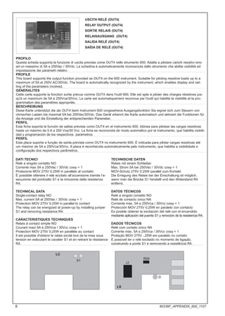 DATI TECNICI
Relè a singolo contatto NO
Corrente max 5A a 250Vac / 30Vdc cosϕ = 1
Protezione MOV 275V 0.25W in parallelo al contatto
È possibile ottenere il relè eccitato all’accensione tramite l’e-
secuzione del ponticello S1 e la rimozione della resistenza
R4.
TECHNICAL DATA
Single-contact relay NO
Max. current 5A at 250Vac / 30Vdc cosϕ = 1
Protection MOV 275V 0.25W in parallel to contact
The relay can be energized at power-up by installing jumper
S1 and removing resistance R4.
CARACTERISTIQUES TECHNIQUES
Relais à contact simple NO
Courant maxi 5A à 250Vca / 30Vcc cosϕ = 1
Protection MOV 275V 0,25W en parallèle au contact
Il est possible d'obtenir le relais excité lors de la mise sous
tension en exécutant le cavalier S1 et en retirant la résistance
R4.
TECHNISCHE DATEN
Relais mit einem Schließer
Max. Strom 5A bei 250Vac / 30Vdc cosϕ = 1
MOV-Schutz 275V 0,25W parallel zum Kontakt
Die Erregung des Relais bei der Einschaltung ist möglich,
wenn man die Brücke S1 herstellt und den Widerstand R4
entfernt.
DATOS TÉCNICOS
Relè a singolo contatto NO
Relé de contacto único NA
Corriente máx. 5A a 250Vca / 30Vcc cosϕ = 1
Protección MOV 275V 0,25W en paralelo con contacto
Es posible obtener la excitación del relé con el encendido
mediante aplicación del puente S1 y remoción de la resistencia R4.
DADOS TÉCNICOS
Relé com contato único NA
Corrente máx. 5A a 250Vca / 30Vcc cosϕ = 1
Proteção MOV 275V ,.25W em paralelo no contato
É possível ter o relé excitado no momento de ligação,
construindo a ponte S1 e removendo a resistência R4.
USCITA RELÉ (OUT4)
RELAY OUTPUT (OUT4)
SORTIE RELAIS (OUT4)
RELAISAUSGANG (OUT4)
SALIDA RELÉ (OUT4)
SAÍDA DE RELÉ (OUT4)
PROFILO
Questa scheda supporta la funzione di uscita prevista come OUT4 nello strumento 600. Adatta a pilotare carichi resistivi sino
ad un massimo di 5A a 250Vac / 30Vdc. La schedina è automaticamente riconosciuta dallo strumento che abilita visibilità ed
impostazione dei parametri relativi.
PROFILE
This board supports the output function provided as OUT4 on the 600 instrument. Suitable for piloting resistive loads up to a
maximum of 5A at 250V AC/30Vdc. The board is automatically recognized by the instrument, which enables display and set-
ting of the parameters involved.
GENERALITES
Cette carte supporte la fonction sortie prévue comme OUT4 dans l'outil 600. Elle est apte à piloter des charges résistives jus-
qu'à un maximum de 5A à 250Vca/30Vcc. La carte est automatiquement reconnue par l'outil qui habilite la visibilité et la pro-
grammation des paramètres appropriés.
BESCHREIBUNG
Diese Karte unterstützt die als OUT4 beim Instrument 600 vorgesehene Ausgangsfunktion Sie eignet sich zum Steuern von
ohmschen Lasten bis maximal 5A bei 250Vac/30Vdc. Das Gerät erkennt die Karte automatisch und aktiviert die Funktionen für
die Anzeige und die Einstellung der entsprechenden Parameter.
PERFIL
Esta ficha soporta la función de salida prevista como OUT4 en el instrumento 600. Idónea para pilotear las cargas resistivas
hasta un máximo de 5 A a 250 Vca/30 Vcc. La ficha es reconocida de modo automático por el instrumento, que habilita visibili-
dad y programación de los respectivos parámetros
PERFIL
Esta placa suporta a função de saída prevista como OUT4 no instrumento 600. É indicada para pilotar cargas resistivas até
um máximo de 5A a 250Vca/30Vcc. A placa é reconhecida automaticamente pelo instrumento, que habilita a visibilidade e
configuração dos respectivos parâmetros.
LC
S1
LS
R04
J1
D
8 80336F_APPENDIX_600_1107
 