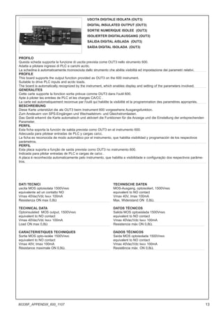 DATI TECNICI
uscita MOS optoisolata 1500VRMS
equivalente ad un contatto NO
Vmax 40Vac/Vdc IMAX 100mA
Resistenza ON max 0,8Ω
TECHNICAL DATA
Optoinsulated MOS output, 1500VRMS
equivalent to NO contact
Vmax 40Vac/Vdc IMAX 100mA
Load ON max 0,8Ω
CARACTERISTIQUES TECHNIQUES
Sortie MOS opto-isolée 1500VRMS
equivalent to NO contact
Vmax 40V, Imax 100mA
Résistance maximale ON 0,8Ω.
TECHNISCHE DATEN
MOS-Ausgang, optoisoliert, 1500VRMS
equivalent to NO contact
Vmax 40V, Imax 100mA
Max. Widerstand ON 0,8Ω.
DATOS TÉCNICOS
Salida MOS optoaislada 1500VRMS
equivalent to NO contact
Vmax 40Vac/Vdc IMAX 100mA
Resistencia máx ON 0,8Ω.
DADOS TÉCNICOS
Saída MOS optoisolada 1500VRMS
equivalent to NO contact
Vmax 40Vac/Vdc IMAX 100mA
Resistência máx ON 0,8Ω.
USCITA DIGITALE ISOLATA (OUT3)
DIGITAL INSULATED OUTPUT (OUT3)
SORTIE NUMERIQUE ISOLEE (OUT3)
ISOLIERTER DIGITALAUSGANG (OUT3)
SALIDA DIGITAL AISLADA (OUT3)
SAÍDA DIGITAL ISOLADA (OUT3)
PROFILO
Questa scheda supporta la funzione di uscita prevista come OUT3 nello strumento 600.
Adatta a pilotare ingressi di PLC e carichi ac/dc.
La schedina è automaticamente riconosciuta dallo strumento che abilita visibilità ed impostazione dei parametri relativi.
PROFILE
This board supports the output function provided as OUT3 on the 600 instrument.
Suitable to drive PLC inputs and ac/dc loads.
The board is automatically recognized by the instrument, which enables display and setting of the parameters involved.
GENERALITES
Cette carte supporte la fonction sortie prévue comme OUT3 dans l'outil 600.
Apte à piloter les entrées de PLC et les charges CA/CC .
La carte est automatiquement reconnue par l'outil qui habilite la visibilité et la programmation des paramètres appropriés.
BESCHREIBUNG
Diese Karte unterstützt die als OUT3 beim Instrument 600 vorgesehene Ausgangsfunktion.
Zum Ansteuern von SPS-Eingängen und Wechselstrom- und Gleichstromlasten.
Das Gerät erkennt die Karte automatisch und aktiviert die Funktionen für die Anzeige und die Einstellung der entsprechenden
Parameter.
PERFIL
Esta ficha soporta la función de salida prevista como OUT3 en el instrumento 600.
Adecuada para pilotear entradas de PLC y cargas ca/cc.
La ficha es reconocida de modo automático por el instrumento, que habilita visibilidad y programación de los respectivos
parámetros.
PERFIL
Esta placa suporta a função de saída prevista como OUT3 no instrumento 600.
Indicada para pilotar entradas de PLC e cargas de ca/cc .
A placa é reconhecida automaticamente pelo instrumento, que habilita a visibilidade e configuração dos respectivos parâme-
tros.
13
80336F_APPENDIX_600_1107
 