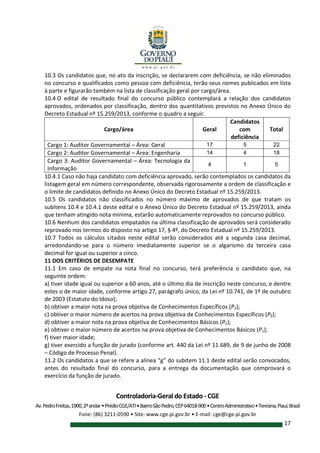 Controladoria-Geral do Estado - CGE
Av.PedroFreitas,1900,2ºandar•PrédioCGE/ATI•BairroSãoPedro,CEP64018-900•CentroAdministrativo•Teresina,Piauí,Brasil
Fone: (86) 3211-0590 • Site: www.cge.pi.gov.br • E-mail: cge@cge.pi.gov.br
17
10.3 Os candidatos que, no ato da inscrição, se declararem com deficiência, se não eliminados
no concurso e qualificados como pessoa com deficiência, terão seus nomes publicados em lista
à parte e figurarão também na lista de classificação geral por cargo/área.
10.4 O edital de resultado final do concurso público contemplará a relação dos candidatos
aprovados, ordenados por classificação, dentro dos quantitativos previstos no Anexo Único do
Decreto Estadual nº 15.259/2013, conforme o quadro a seguir.
Cargo/área Geral
Candidatos
com
deficiência
Total
Cargo 1: Auditor Governamental – Área: Geral 17 5 22
Cargo 2: Auditor Governamental – Área: Engenharia 14 4 18
Cargo 3: Auditor Governamental – Área: Tecnologia da
Informação
4 1 5
10.4.1 Caso não haja candidato com deficiência aprovado, serão contemplados os candidatos da
listagem geral em número correspondente, observada rigorosamente a ordem de classificação e
o limite de candidatos definido no Anexo Único do Decreto Estadual nº 15.259/2013.
10.5 Os candidatos não classificados no número máximo de aprovados de que tratam os
subitens 10.4 e 10.4.1 deste edital e o Anexo Único do Decreto Estadual nº 15.259/2013, ainda
que tenham atingido nota mínima, estarão automaticamente reprovados no concurso público.
10.6 Nenhum dos candidatos empatados na última classificação de aprovados será considerado
reprovado nos termos do disposto no artigo 17, § 4º, do Decreto Estadual nº 15.259/2013.
10.7 Todos os cálculos citados neste edital serão considerados até a segunda casa decimal,
arredondando-se para o número imediatamente superior se o algarismo da terceira casa
decimal for igual ou superior a cinco.
11 DOS CRITÉRIOS DE DESEMPATE
11.1 Em caso de empate na nota final no concurso, terá preferência o candidato que, na
seguinte ordem:
a) tiver idade igual ou superior a 60 anos, até o último dia de inscrição neste concurso, e dentre
estes o de maior idade, conforme artigo 27, parágrafo único, da Lei nº 10.741, de 1º de outubro
de 2003 (Estatuto do Idoso);
b) obtiver a maior nota na prova objetiva de Conhecimentos Específicos (P2);
c) obtiver o maior número de acertos na prova objetiva de Conhecimentos Específicos (P2);
d) obtiver a maior nota na prova objetiva de Conhecimentos Básicos (P1);
e) obtiver o maior número de acertos na prova objetiva de Conhecimentos Básicos (P1);
f) tiver maior idade;
g) tiver exercido a função de jurado (conforme art. 440 da Lei nº 11.689, de 9 de junho de 2008
– Código de Processo Penal).
11.2 Os candidatos a que se refere a alínea “g” do subitem 11.1 deste edital serão convocados,
antes do resultado final do concurso, para a entrega da documentação que comprovará o
exercício da função de jurado.
 