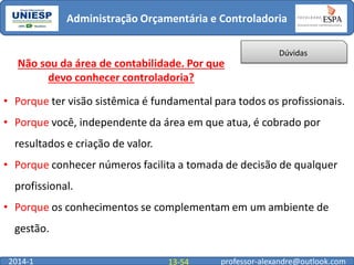 Administração Orçamentária e Controladoria
Dúvidas

Não sou da área de contabilidade. Por que
devo conhecer controladoria?
• Porque ter visão sistêmica é fundamental para todos os profissionais.
• Porque você, independente da área em que atua, é cobrado por
resultados e criação de valor.
• Porque conhecer números facilita a tomada de decisão de qualquer
profissional.

• Porque os conhecimentos se complementam em um ambiente de
gestão.
2014-1

13-54

professor-alexandre@outlook.com

 