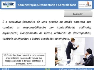 Administração Orçamentária e Controladoria
Controller

É o executivo financeiro de uma grande ou média empresa que
combina

as

responsabilidades

por

contabilidade,

auditoria,

orçamentos, planejamento de lucros, relatórios de desempenhos,

controle de impostos e outras atividades da empresa.

“O Controller deve permitir a todo instante
onde estamos e para onde vamos. Sua
responsabilidade é de fazer acontecer o
planejado.” Fayol
2014-1

24-54

professor-alexandre@outlook.com

 