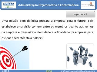 Administração Orçamentária e Controladoria
Importante !!

Uma missão bem definida prepara a empresa para o futuro, pois

estabelece uma visão comum entre os membros quanto aos rumos
da empresa e transmite a identidade e a finalidade da empresa para
os seus diferentes stakeholders.

2014-1

29-54

professor-alexandre@outlook.com

 