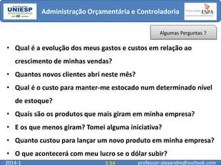 Administração Orçamentária e Controladoria
Algumas Perguntas ?

• Qual é a evolução dos meus gastos e custos em relação ao
crescimento de minhas vendas?
• Quantos novos clientes abri neste mês?
• Qual é o custo para manter-me estocado num determinado nível

de estoque?
• Quais são os produtos que mais giram em minha empresa?
• E os que menos giram? Tomei alguma iniciativa?
• Quanto custou para lançar um novo produto em minha empresa?
• O que acontecerá com meu lucro se o dólar subir?
2014-1

3-54

professor-alexandre@outlook.com

 