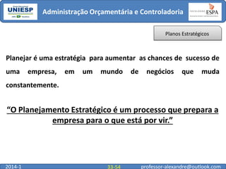 Administração Orçamentária e Controladoria
Planos Estratégicos

Planejar é uma estratégia para aumentar as chances de sucesso de
uma

empresa,

em

um

mundo

de

negócios

que

muda

constantemente.

“O Planejamento Estratégico é um processo que prepara a
empresa para o que está por vir.”

2014-1

33-54

professor-alexandre@outlook.com

 