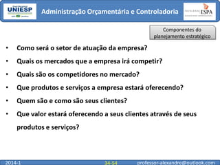 Administração Orçamentária e Controladoria
Componentes do
planejamento estratégico

•

Como será o setor de atuação da empresa?

•

Quais os mercados que a empresa irá competir?

•

Quais são os competidores no mercado?

•

Que produtos e serviços a empresa estará oferecendo?

•

Quem são e como são seus clientes?

•

Que valor estará oferecendo a seus clientes através de seus
produtos e serviços?

2014-1

34-54

professor-alexandre@outlook.com

 