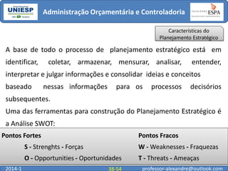 Administração Orçamentária e Controladoria
Características do
Planejamento Estratégico

A base de todo o processo de planejamento estratégico está em
identificar,

coletar, armazenar, mensurar, analisar,

entender,

interpretar e julgar informações e consolidar ideias e conceitos

baseado

nessas informações

para os

processos

decisórios

subsequentes.
Uma das ferramentas para construção do Planejamento Estratégico é
a Análise SWOT:
Pontos Fortes

Pontos Fracos

S - Strenghts - Forças

O - Opportunities - Oportunidades
2014-1

W - Weaknesses - Fraquezas

T - Threats - Ameaças

38-54

professor-alexandre@outlook.com

 