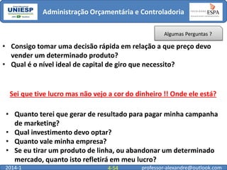 Administração Orçamentária e Controladoria
Algumas Perguntas ?

• Consigo tomar uma decisão rápida em relação a que preço devo
vender um determinado produto?
• Qual é o nível ideal de capital de giro que necessito?

Sei que tive lucro mas não vejo a cor do dinheiro !! Onde ele está?
• Quanto terei que gerar de resultado para pagar minha campanha
de marketing?
• Qual investimento devo optar?
• Quanto vale minha empresa?
• Se eu tirar um produto de linha, ou abandonar um determinado
mercado, quanto isto refletirá em meu lucro?
2014-1

4-54

professor-alexandre@outlook.com

 