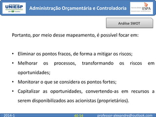 Administração Orçamentária e Controladoria
Análise SWOT

Portanto, por meio desse mapeamento, é possível focar em:
• Eliminar os pontos fracos, de forma a mitigar os riscos;
• Melhorar

os

processos,

transformando

os

riscos

em

oportunidades;
• Monitorar o que se considera os pontos fortes;
• Capitalizar as oportunidades, convertendo-as em recursos a
serem disponibilizados aos acionistas (proprietários).
2014-1

40-54

professor-alexandre@outlook.com

 