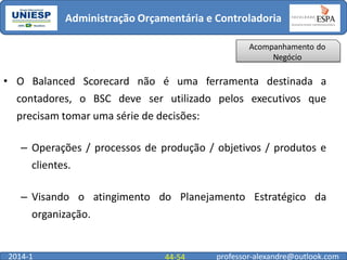 Administração Orçamentária e Controladoria
Acompanhamento do
Negócio

• O Balanced Scorecard não é uma ferramenta destinada a
contadores, o BSC deve ser utilizado pelos executivos que
precisam tomar uma série de decisões:
– Operações / processos de produção / objetivos / produtos e
clientes.
– Visando o atingimento do Planejamento Estratégico da
organização.

2014-1

44-54

professor-alexandre@outlook.com

 