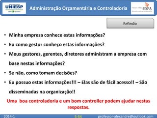 Administração Orçamentária e Controladoria
Reflexão

• Minha empresa conhece estas informações?
• Eu como gestor conheço estas informações?
• Meus gestores, gerentes, diretores administram a empresa com

base nestas informações?
• Se não, como tomam decisões?
• Eu possuo estas informações!!! – Elas são de fácil acesso!! – São
disseminadas na organização!!

Uma boa controladoria e um bom controller podem ajudar nestas
respostas.
2014-1

5-54

professor-alexandre@outlook.com

 