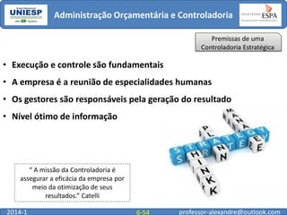 Administração Orçamentária e Controladoria
Premissas de uma
Controladoria Estratégica

• Execução e controle são fundamentais
• A empresa é a reunião de especialidades humanas
• Os gestores são responsáveis pela geração do resultado
• Nível ótimo de informação

“ A missão da Controladoria é
assegurar a eficácia da empresa por
meio da otimização de seus
resultados.” Catelli
2014-1

6-54

professor-alexandre@outlook.com

 