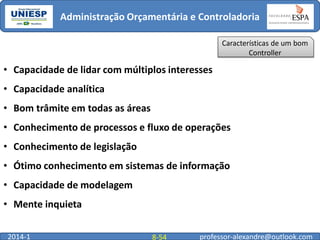Administração Orçamentária e Controladoria
Características de um bom
Controller

• Capacidade de lidar com múltiplos interesses
• Capacidade analítica
• Bom trâmite em todas as áreas
• Conhecimento de processos e fluxo de operações

• Conhecimento de legislação
• Ótimo conhecimento em sistemas de informação
• Capacidade de modelagem
• Mente inquieta
2014-1

8-54

professor-alexandre@outlook.com

 