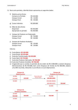 Controladoria II                                                                                                                                           Prof. Moreira 

    
5) Num certo período, a Nerilda Sisters apresentou os seguintes dados: 
    
   f) Matéria‐prima Direta: 
      Compras no Período:          R$ 150.000 
      Estoque Inicial:             R$   10.000 
      Estoque Final:               R$   40.000 
     
    g) Custos Indiretos:                        R$ 200.000 
     
    h) Mão‐de‐obra Direta: 
       Disponível:                              R$ 450.000 
       Apropriada no período:                   R$ 350.000 
          
    i) Estoque de Produtos em Elaboração: 
       Estoque Inicial:           R$   50.000 
       Estoque Final:             R$   60.000 
          
    j) Estoque de Produtos Acabados: 
       Estoque Inicial:          R$   20.000 
       Estoque Final:            R$   20.000 
     
    Informe: 
     
    h)   Custo Básico: R$ 120.000 
    i)   Custo Direto: R$ 470.000 
    j)   Custo de Transformação: R$ 650.000 
    k)   Custo Fabril: R$ 770.000 
    l)   Custo dos Produtos Fabricados: R$ 760.000 
    m)   Custo dos Produtos Vendidos: R$ 760.000  
    n)   Imaginando que as vendas no período são da ordem de R$ 2.000.000 e existem Despesas 
         Administrativas  de  R$  450.000,  bem  como  Despesas  de  Vendas  de  R$  400.000,  elabore 
         uma DRE resumida, indicando o Lucro Bruto e o Lucro Operacional. 
     
                     Estoque de                                                                               Estoque de 
                   Matéria‐prima                                                                        Produtos em Processo 
              10.000                                                   
                                                            Requisição pelo                           50.000                   
                                                             Parque Fabril 
             150.000           120.000                                                             120.000 (MD)                
                 40.000                                                                           350.000 (MOD)                                          
                                                                                                   300.000 (GGF)                             760.000 
                                                                                                          60.000                                         
     
                     Estoque de                                              
                                                                                                                              CPV 
                 Produtos Acabados 
              20.000                                                     
                                                                    Venda                                                                                
             760.000           760.000                                                                  760.000                                          
                 20.000                                                                                                                                  
     

                                                                                                                                                                            4
 