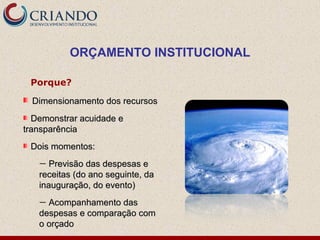 Dimensionamento dos recursosDimensionamento dos recursos
Demonstrar acuidade eDemonstrar acuidade e
transparênciatransparência
Dois momentos:Dois momentos:
— Previsão das despesas ePrevisão das despesas e
receitas (do ano seguinte, dareceitas (do ano seguinte, da
inauguração, do evento)inauguração, do evento)
— Acompanhamento dasAcompanhamento das
despesas e comparação comdespesas e comparação com
o orçadoo orçado
ORÇAMENTO INSTITUCIONAL
Porque?
 
