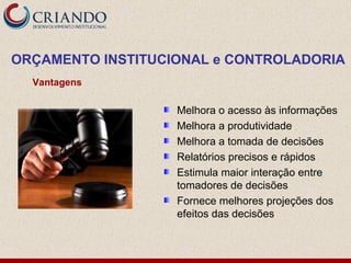 Melhora o acesso às informações
Melhora a produtividade
Melhora a tomada de decisões
Relatórios precisos e rápidos
Estimula maior interação entre
tomadores de decisões
Fornece melhores projeções dos
efeitos das decisões
Vantagens
ORÇAMENTO INSTITUCIONAL e CONTROLADORIA
 