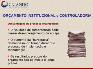 Desvantagens do processo orçamentário
Dificuldade de compreensão podeDificuldade de compreensão pode
causar desencorajamento da equipecausar desencorajamento da equipe
O aumento da “burocracia”O aumento da “burocracia”
demanda muito tempo durante odemanda muito tempo durante o
processo de implantação eprocesso de implantação e
manutençãomanutenção
Os resultados práticos doOs resultados práticos do
orçamento são de médio e longoorçamento são de médio e longo
prazosprazos
ORÇAMENTO INSTITUCIONAL e CONTROLADORIA
 