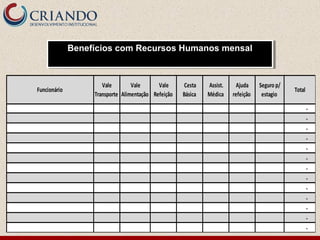 Benefícios com Recursos Humanos mensalBenefícios com Recursos Humanos mensal
Funcionário
Vale
Transporte
Vale
Alimentação
Vale
Refeição
Cesta
Básica
Assist.
Médica
Ajuda
refeição
Seguro p/
estagio
Total
-
-
-
-
-
-
-
-
-
-
-
-
-
 