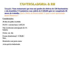 CONTROLADORIA & RH Situação:   Num restaurante que tem um quadro de efetivos de 120 funcionários e são demitidos 5 Cozinheiros com salário de $ 620,00 após ter completado 20 meses de trabalho .   Qual o Índice de Rotatividade? E qual o custo aproximado. destas Demissões? Considerações: 30 dias de julho recebido  FGTS = extrato base: 1.033,34 Não receberam antecipação de 13. Salário Férias  em  dia  Exame demissional = $ 50,00 / func. Demissões sem justa causa Aviso prévio indenizado 