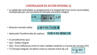 CONTROLADOR DE ACCIÓN INTEGRAL (I)
• La salida del controlador es proporcional a la integral del error (error acumulado),
multiplicada por una constante Ki llamada constante integral
• Relación entrada salida:
• Aplicando Transformada de Laplace:
• Si consideramos que:
• y(t) = Salida integral
• e(t) = Error (diferencia entre el valor medido medición y el punto de consigna PC)
• Ti (Tiempo Integral): Se define como la relación entre Kp y Ki
 