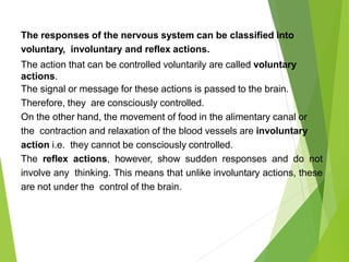 The responses of the nervous system can be classified into
voluntary, involuntary and reflex actions.
The action that can be controlled voluntarily are called voluntary
actions.
The signal or message for these actions is passed to the brain.
Therefore, they are consciously controlled.
On the other hand, the movement of food in the alimentary canal or
the contraction and relaxation of the blood vessels are involuntary
action i.e. they cannot be consciously controlled.
The reflex actions, however, show sudden responses and do not
involve any thinking. This means that unlike involuntary actions, these
are not under the control of the brain.
 