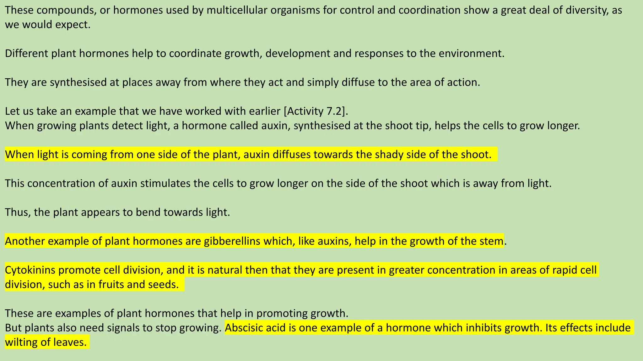 These compounds, or hormones used by multicellular organisms for control and coordination show a great deal of diversity, as
we would expect.
Different plant hormones help to coordinate growth, development and responses to the environment.
They are synthesised at places away from where they act and simply diffuse to the area of action.
Let us take an example that we have worked with earlier [Activity 7.2].
When growing plants detect light, a hormone called auxin, synthesised at the shoot tip, helps the cells to grow longer.
When light is coming from one side of the plant, auxin diffuses towards the shady side of the shoot.
This concentration of auxin stimulates the cells to grow longer on the side of the shoot which is away from light.
Thus, the plant appears to bend towards light.
Another example of plant hormones are gibberellins which, like auxins, help in the growth of the stem.
Cytokinins promote cell division, and it is natural then that they are present in greater concentration in areas of rapid cell
division, such as in fruits and seeds.
These are examples of plant hormones that help in promoting growth.
But plants also need signals to stop growing. Abscisic acid is one example of a hormone which inhibits growth. Its effects include
wilting of leaves.
 