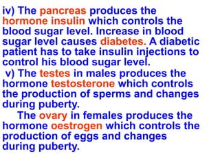 iv) The pancreas produces the
hormone insulin which controls the
blood sugar level. Increase in blood
sugar level causes diabetes. A diabetic
patient has to take insulin injections to
control his blood sugar level.
v) The testes in males produces the
hormone testosterone which controls
the production of sperms and changes
during puberty.
The ovary in females produces the
hormone oestrogen which controls the
production of eggs and changes
during puberty.
 