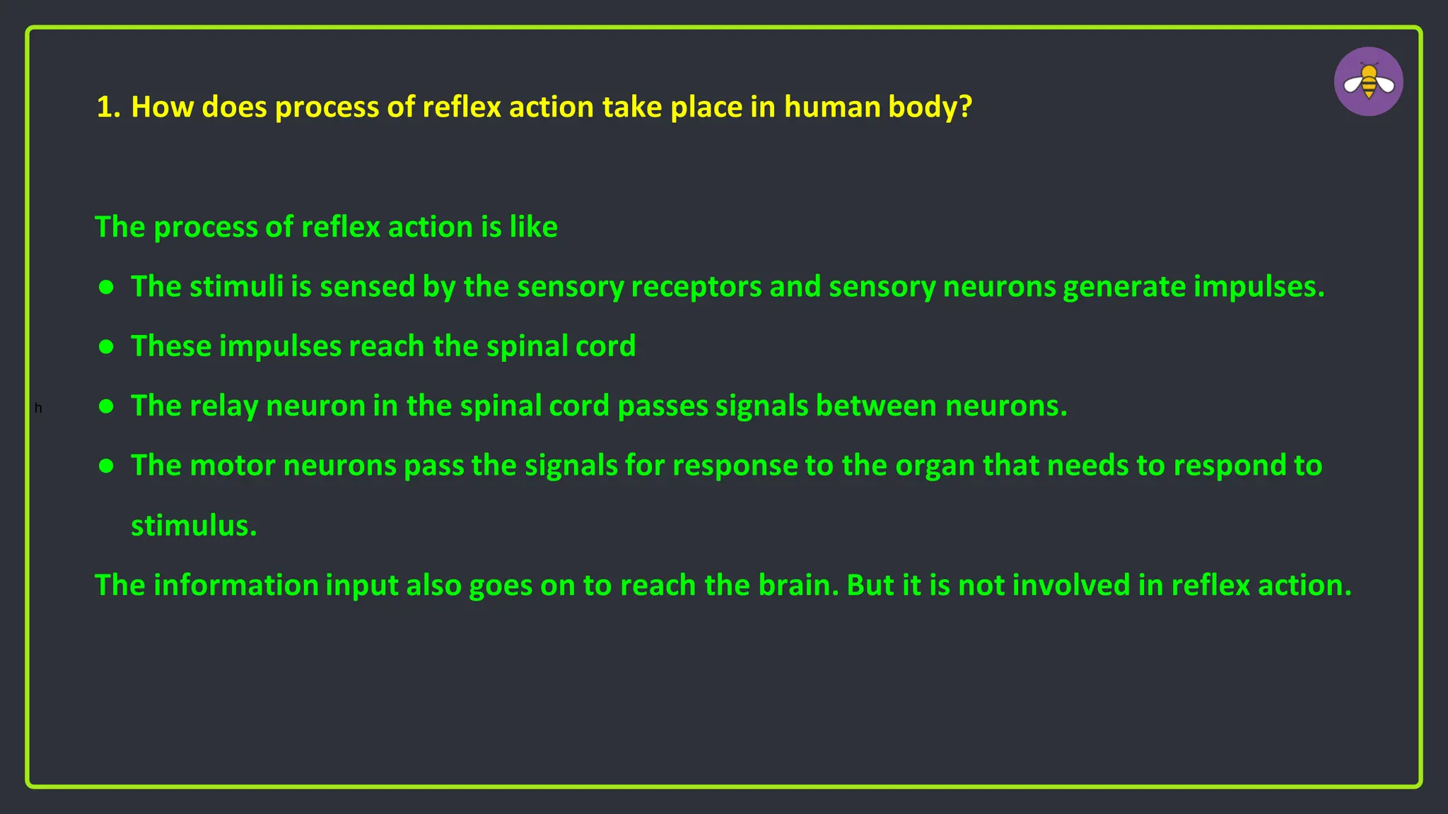 1. How does process of reflex action take place in human body?
The process of reflex action is like
● The stimuli is sensed by the sensory receptors and sensory neurons generate impulses.
● These impulses reach the spinal cord
● The relay neuron in the spinal cord passes signals between neurons.
● The motor neurons pass the signals for response to the organ that needs to respond to
stimulus.
The information input also goes on to reach the brain. But it is not involved in reflex action.
h
 