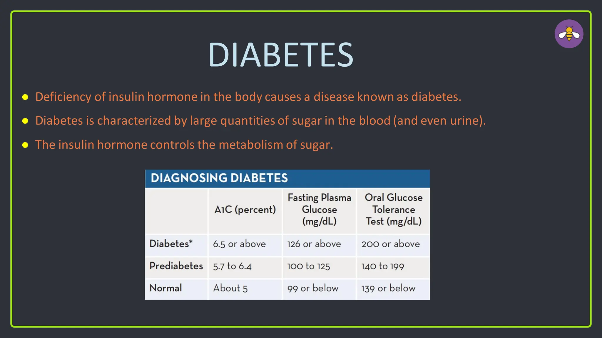 DIABETES
● Deficiency of insulin hormone in the body causes a disease known as diabetes.
● Diabetes is characterized by large quantities of sugar in the blood (and even urine).
● The insulin hormone controls the metabolism of sugar.
 