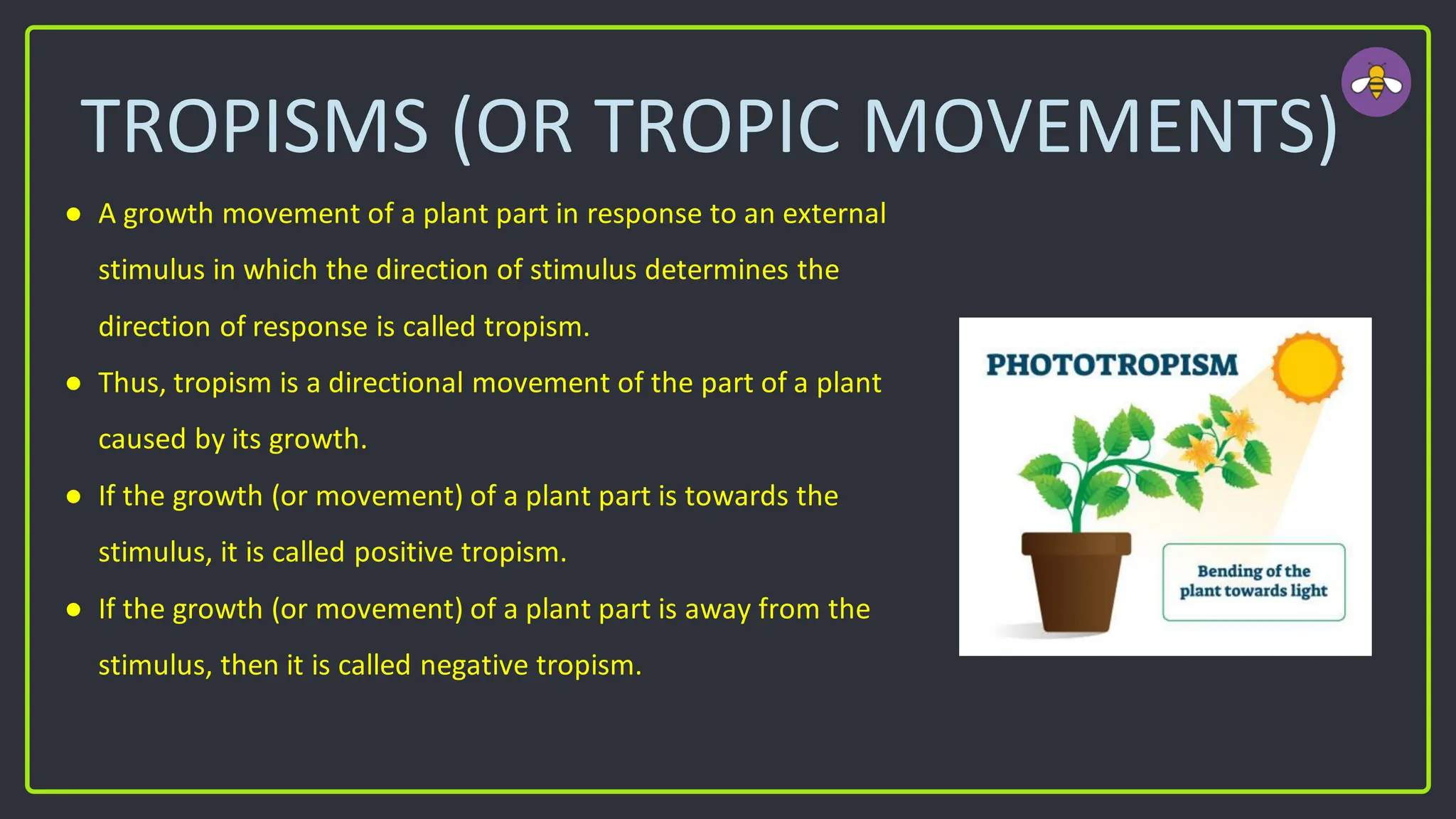 TROPISMS (OR TROPIC MOVEMENTS)
● A growth movement of a plant part in response to an external
stimulus in which the direction of stimulus determines the
direction of response is called tropism.
● Thus, tropism is a directional movement of the part of a plant
caused by its growth.
● If the growth (or movement) of a plant part is towards the
stimulus, it is called positive tropism.
● If the growth (or movement) of a plant part is away from the
stimulus, then it is called negative tropism.
 