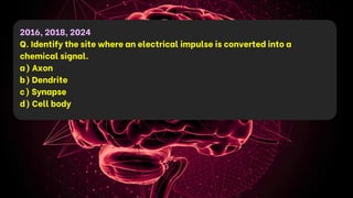 2016, 2018, 2024
Q. Identify the site where an electrical impulse is converted into a
chemical signal.
a) Axon
b) Dendrite
c) Synapse
d) Cell body
 