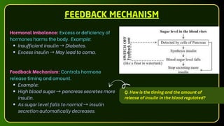 Hormonal Imbalance: Excess or deficiency of
hormones harms the body. Example:
Insufficient insulin →Diabetes.
Excess insulin →May lead to coma.
Feedback Mechanism: Controls hormone
release timing and amount.
Example:
High blood sugar →pancreas secretes more
insulin.
As sugar level falls to normal →insulin
secretion automatically decreases.
FEEDBACK MECHANISM
Q. How is the timing and the amount of
release of insulin in the blood regulated?
 