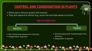 MOVEMENTS
NASTIC TROPIC
CONTROL AND COORDINATION IN PLANTS
Plants lack a nervous system and muscles.
They still respond to stimuli (e.g., touch-me-not folds leaves on touch).
Non-directional response to stimulus
Independent of growth
Directional growth towards/away from
stimulus
Dependent on growth
 