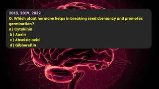 2015, 2019, 2022
Q. Which plant hormone helps in breaking seed dormancy and promotes
germination?
a) Cytokinin
b) Auxin
c) Abscisic acid
d) Gibberellin
 
